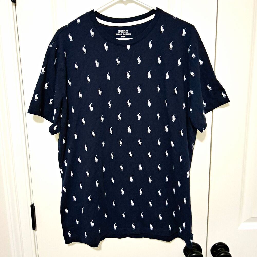 Polo Ralph Lauren Men's Crewneck Allover Pony Logo Navy Tee Size Large